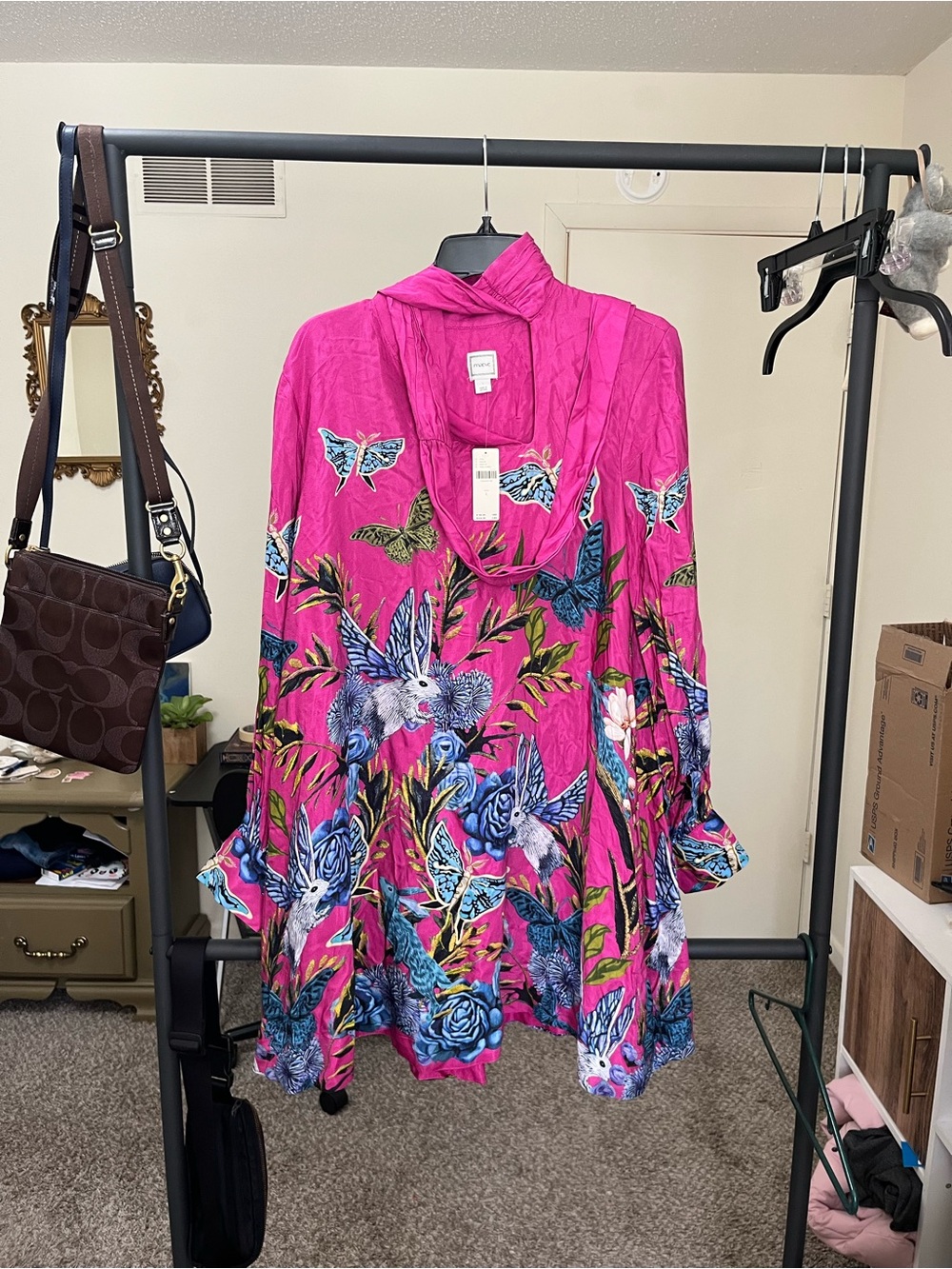 Maeve by Anthropologie Caroline tie neck fuschia print dress